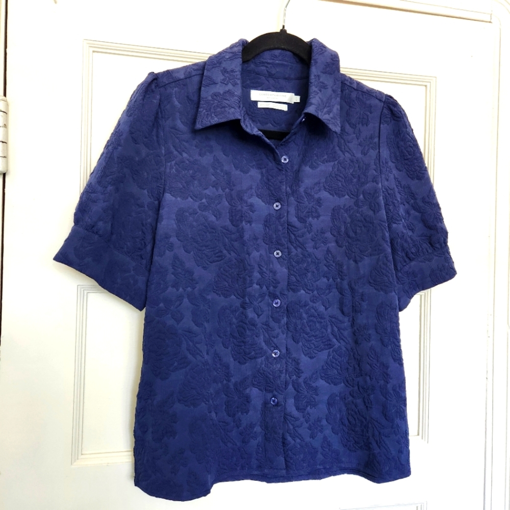 Contemporaine Floral Jaquard Blouse Size Small Navy